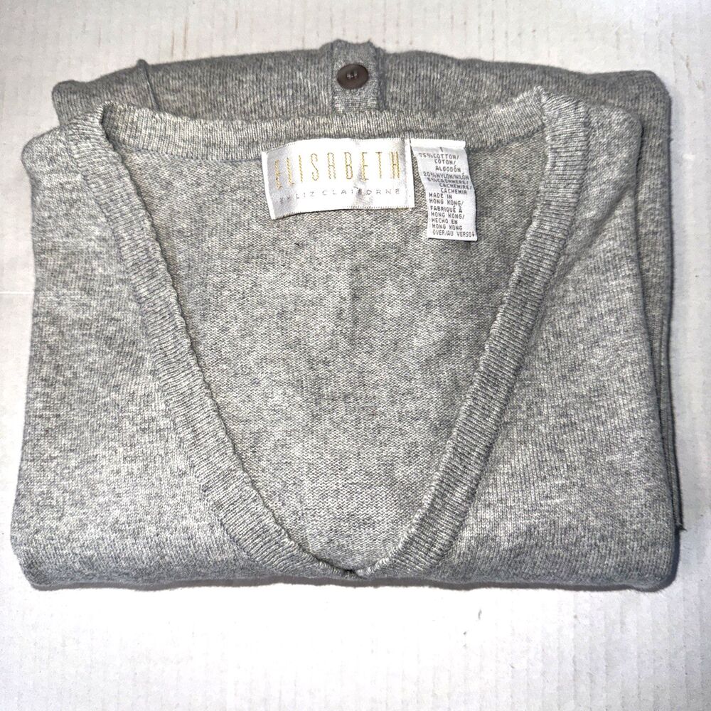 VTG 90s Elisabeth Cotton Cashmere Cardigan Sweater 1X Hong Kong Gray Scalloped E